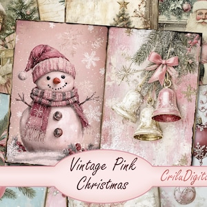 Rosa Junk Journal Seiten, Digitales Scrapbook Papier, Winter Urlaub Collage Sheet, Vintage Ephemera, festliche druckbare Drucke