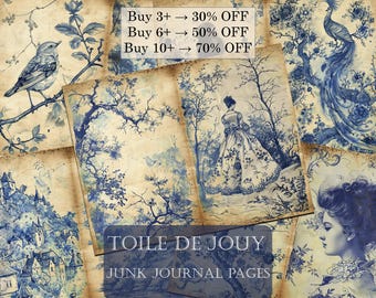 Vintage Toile De Jouy Junk Journal Folio,French Toile journal Insert,Victorian Digital Kits,Blue Toile Scrapbook Papers,Kit Collage Ephemera