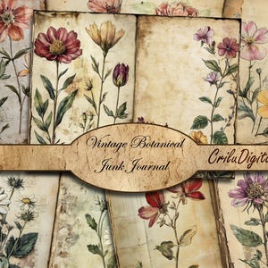 Pagine di diario vintage di cianfrusaglie botaniche, fiori e arte della natura stampabili, set di effimeri floreali antichi per scrapbooking, carta senza tempo con fiori di campo