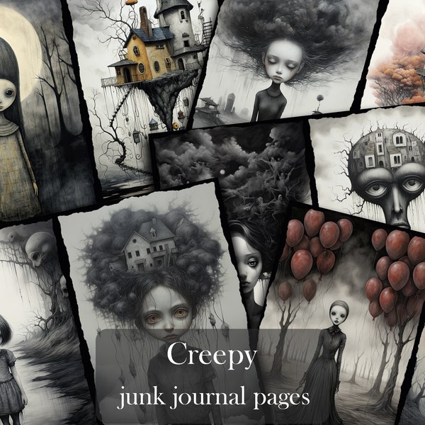 Surreal Dark Junk Journal Kit,Gloomy Creepy Pages Digital Printable,Surreal Artwork Instant Download,Digital Paper Pack