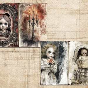May include: A collage of vintage illustrations. It features a doll portrait in a decorative frame, a candelabra with lit candles, and two doll figures. The artwork has a distressed, aged appearance with muted colours and a gothic theme.