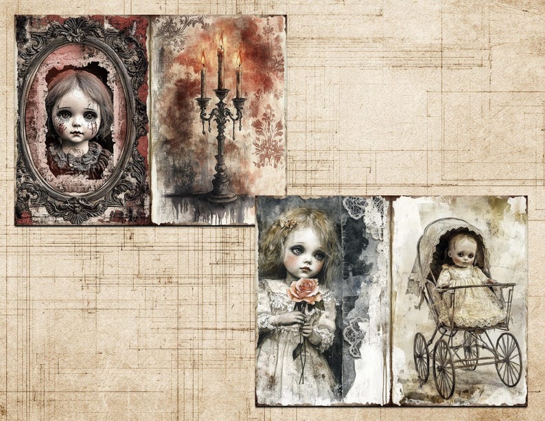May include: A collage of vintage illustrations. It features a doll portrait in a decorative frame, a candelabra with lit candles, and two doll figures. The artwork has a distressed, aged appearance with muted colours and a gothic theme.