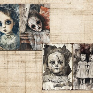 May include: A collage of vintage-style illustrations featuring eerie dolls. The artwork includes portraits of dolls with cracked faces and haunting eyes, rendered in muted tones of blue, white, and sepia. The overall theme is gothic and vintage.