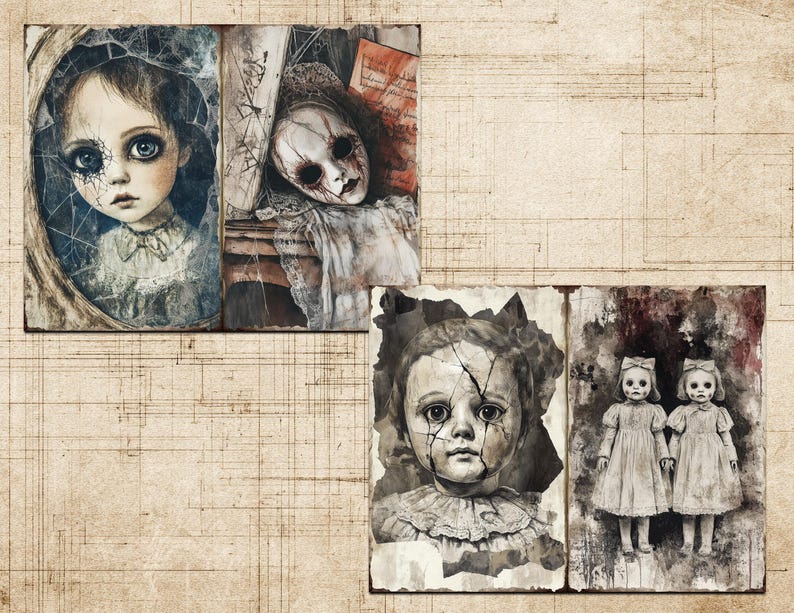 May include: A collage of vintage-style illustrations featuring eerie dolls. The artwork includes portraits of dolls with cracked faces and haunting eyes, rendered in muted tones of blue, white, and sepia. The overall theme is gothic and vintage.