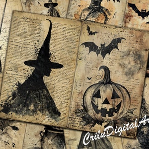May include: A digital collage of vintage Halloween images. The collage features a witch silhouette, a jack-o'-lantern, bats, and a broom. The images are printed on aged paper with handwritten text.