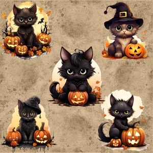 May include: A collection of five cartoon illustrations featuring black cats with glowing green eyes, pumpkins, and autumn leaves. Some cats wear witch hats. The pumpkins have carved jack-o'-lantern faces. The background is a textured, neutral color.