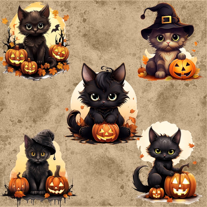 May include: A collection of five cartoon illustrations featuring black cats with glowing green eyes, pumpkins, and autumn leaves. Some cats wear witch hats. The pumpkins have carved jack-o'-lantern faces. The background is a textured, neutral color.