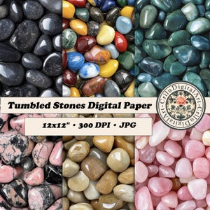 Könnte beinhalten: Digitales Papier mit einer Vielzahl von getrommelten Steinen in verschiedenen Farben. Das Bild zeigt schwarze, rote, gelbe, blaue, grüne, rosa und braune Steine. Der Text lautet "Tumbled Stones Digital Paper" und "12x12" • 300 DPI • JPG.