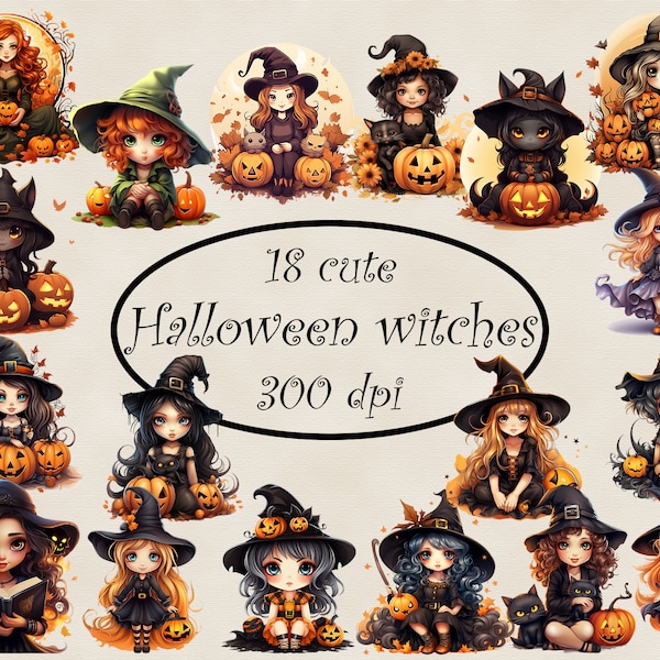 Witches clipart, Halloween graphics for witch junk journal, Halloween invite, cute shirt, stickers, commercial use