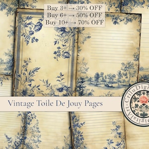 Diario vintage in tela di jouy, inserto per diario in tela di jouy francese, pagine di diario a righe in stile vittoriano, carta per scrapbooking in tela blu.