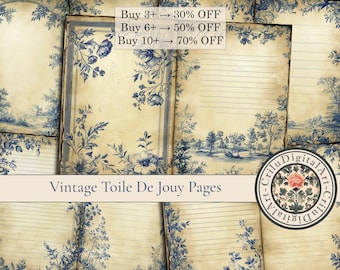 Vintage Toile De Jouy Junk Journal Printable,French Toile journal Insert,Victorian Lined Journal Pages,Blue Toile Scrapbook Papers