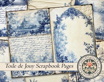 Toile de Jouy Digital Scrapbook Paper, French Country Ephemera, Blue Floral Junk Journal
