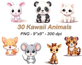 Clipart de animais kawaii: pacote de decoração de berçário em PNG (download digital)