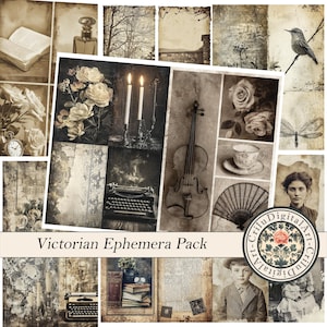 May include: A collage of sepia-toned vintage images, including a violin, typewriter, roses, a teacup, and a bird. The text "Victorian Ephemera Pack" is displayed at the bottom. The overall theme is antique and nostalgic.