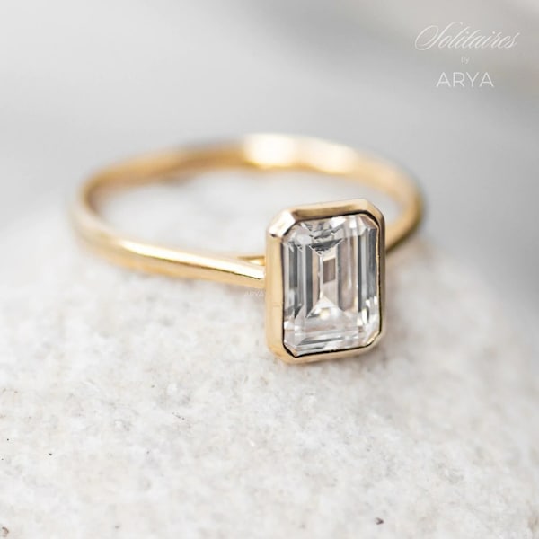 Bezel Set Emerald 1.75Ct Moissanite Solitaire Engagement Ring 14k Gold Finish | Anniversary, Wedding, Birthday Gift for Her
