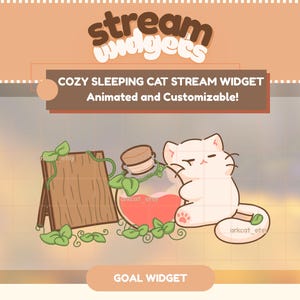Könnte beinhalten: Digitalgrafik mit einer schlafenden weißen Katze, einer Flasche mit roter Flüssigkeit und einem Holzschild. Der Text lautet "COZY SLEEPING CAT STREAM WIDGET Animated and Customizable!" und "GOAL WIDGET".