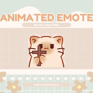 Può includere: Grafica di emote animata con un gatto dei cartoni animati che tiene una croce. Il gatto ha un'espressione triste ed è ambientato su uno sfondo beige chiaro con il testo "ANIMATED EMOTE". L'immagine include l'URL del negozio Etsy.