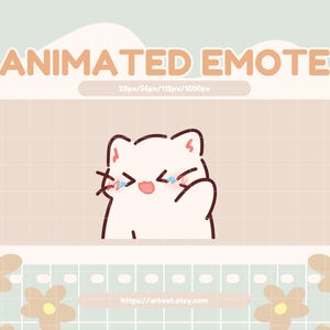 May include: Animated emote of a white cat with pink cheeks and blue teary eyes, looking to the right with its right paw raised. The cat is against a light brown background with a grid pattern.