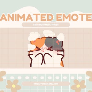 Peut inclure: Une émoticône animée représentant un chat de dessin animé avec une fourrure orange, blanche et grise, exprimant une émotion. Le texte "ANIMATED EMOTE" est affiché en marron clair. Le fond est beige clair avec un motif quadrillé et des motifs floraux.