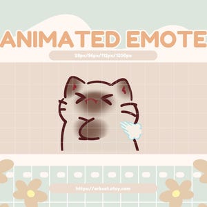 May include: Animated Emote graphic featuring a cartoon cat with a brown outline, a light brown face, and closed eyes. The cat is wiping its face with a blue puff. The background is light brown with a grid pattern and floral accents.