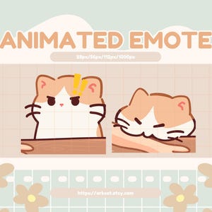 以下が含まれることがあります： 2匹の漫画の猫のイラストが描かれたアニメーション絵文字グラフィック。1匹の猫の頭上には感嘆符があり、もう1匹は眠っています。「ANIMATED EMOTE」の文字が上部にあり、EtsyショップのURLが下部にあります。