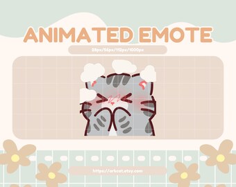 Emote de súper tímido: Gato gris animado con la cara oculta y sonrojado para Twitch, Discord y YouTube.
