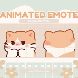 Puede incluir: Gráfico de emote animado con un gato de dibujos animados con pelaje naranja y blanco. El gato tiene una expresión gruñona con mejillas sonrojadas. El texto "ANIMATED EMOTE" se muestra en la parte superior, con la URL de la tienda Etsy en la parte inferior.