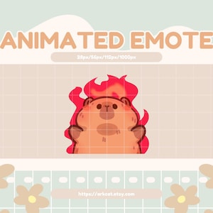 Può includere: Un'emote animata con un orsetto dei cartoni animati in fiamme. L'orso è arancione con la faccia marrone chiaro ed è circondato da fiamme rosse e arancioni. Il testo "ANIMATED EMOTE" è in alto, con i dettagli delle dimensioni. L'URL del negozio Etsy è in basso.