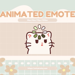 Puede incluir: Emoticono animado de un gato blanco con un icono de carga giratorio verde y gris sobre su cabeza. El gato tiene una expresión confundida con los ojos cerrados y la boca ligeramente abierta. El fondo es una cuadrícula marrón claro.