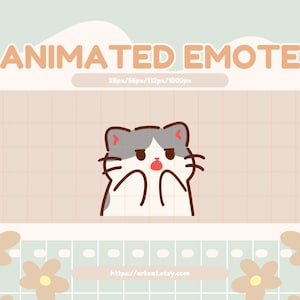 Op de afbeelding: Geanimeerde emote van een grijs-witte kat met een verraste uitdrukking. De kat heeft een rode neus en kijkt omhoog met zijn mond open. De emote is geplaatst tegen een lichtbruine achtergrond met een rasterpatroon.