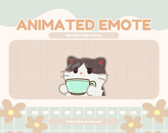 Animated Coffee Emote: Black and White Cat Sipping Coffee (Digital Download, GIF Format)