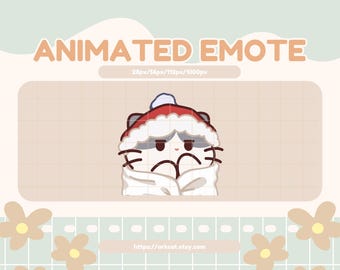 Puede incluir: Un emote animado con un gato triste que lleva un gorro rojo y blanco y envuelto en una manta blanca. El texto "ANIMATED EMOTE" se muestra en la parte superior, con la URL de la tienda Etsy en la parte inferior.
