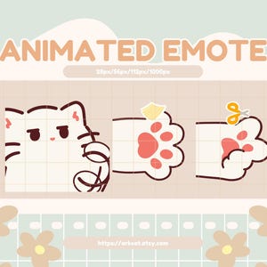 May include: Animated emote graphic featuring a white cat with a grumpy expression, a paw with pink pads and a seashell, and a paw with pink pads and scissors. The text "ANIMATED EMOTE" is displayed in a light orange color.