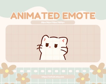 Könnte beinhalten: Animiertes Emoji einer weißen Katze mit braunen Augen und einer rosa Nase, die mit leicht genervtem Ausdruck nach links schaut. Die Katze ist in Braun umrandet und hat braune Schnurrhaare. Der Hintergrund ist ein hellrosa Gitter.