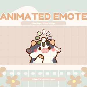 May include: Animated emote of a cartoon cow with black and white spots. The cow has a surprised expression and is looking up. There are five loading circles above the cow's head, with the colours green, light green, grey, white, and light grey.