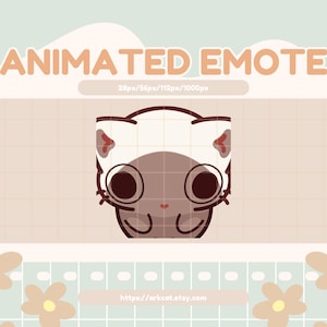 May include: An animated emote featuring a cartoon cat with large, dark brown eyes and a white head. The text "ANIMATED EMOTE" is displayed in a light orange color at the top. The background is a light beige color with a grid pattern.