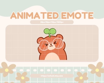Happy Little Dance Emote – Cute brown bear with eyeglasses and a small plant on its head | Animated Emote for Twitch, Discord & YouTube