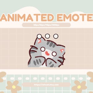 Puede incluir: Gráfico de emote animado con un gato atigrado gris con ojos blancos y nariz rosa. El gato se asoma por detrás de un fondo cuadriculado. El texto "ANIMATED EMOTE" está en la parte superior.