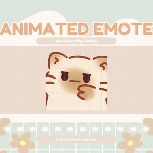 Può includere: Un'emote animata con un simpatico gatto con un'espressione pensierosa. Il gatto è disegnato in uno stile cartone animato semplice con contorni e accenti marroni. Il testo "ANIMATED EMOTE" è visualizzato in alto con un carattere giocoso.