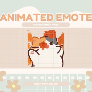 May include: An animated emote featuring a cartoon cat with orange and gray fur, adorned with autumn leaves. The text "ANIMATED EMOTE" is displayed above the image, with size specifications. The background is a soft beige with floral and grid patterns.