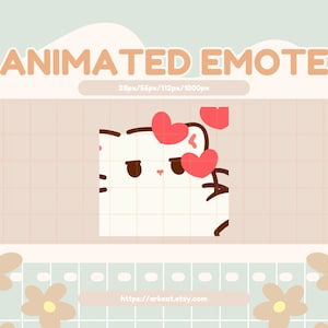 May include: Animated emote of a white cat with brown eyes and a brown nose, peeking from behind a white background. The cat has a pink heart over each eye and there are two pink hearts above the cat's head.