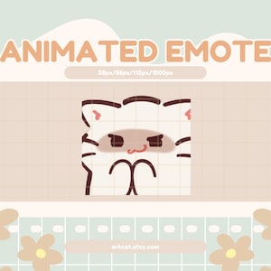 May include: An animated emote featuring a white cat character with dark brown outlines, pointed ears, and a mischievous expression with a small tongue sticking out. The text ANIMATED EMOTE is displayed above, with 28px/56px/112px/1000px and arkcat.etsy.com below.