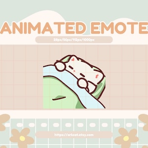 以下が含まれることがあります： 緑と青の毛布の下で眠っている、ピンクの頬をした白い猫のアニメーション絵文字。猫は丸まっていて、目を閉じている。絵文字は、グリッドパターンが施された薄い茶色の背景に設定されている。