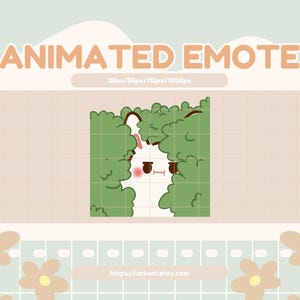 May include: Animated Emote graphic with a cute white character peeking through green foliage. The character has a pink blush and a small tongue sticking out. The background is a light beige with a grid pattern and floral accents.