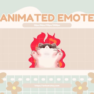 Può includere: Un'emote animata con un gatto dei cartoni animati in fiamme. Il gatto ha un corpo bianco, dettagli grigi e occhiali da sole. Il testo "ANIMATED EMOTE" è in alto, con l'URL del negozio Etsy in basso.
