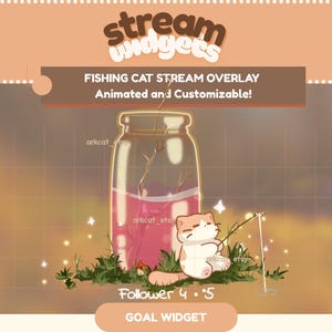 Könnte beinhalten: Eine digitale Grafik mit einer Cartoon-Katze, die mit einer Angel neben einem mit rosa Flüssigkeit gefüllten Glasbehälter fischt. Der Text lautet stream widgets, FISHING CAT STREAM OVERLAY Animated and Customizable!, arkcat_etsy, Follower 4 5 und GOAL WIDGET.