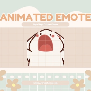 Può includere: Grafica di emote animata con la scritta "ANIMATED EMOTE" in arancione chiaro. L'emote è un personaggio bianco con una grande bocca aperta e un'espressione sorpresa. Lo sfondo è una griglia beige chiaro.