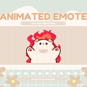 Può includere: Emote animata con un orso bianco con fiamme rosse sulla testa e intorno al corpo. L'orso ha le braccia tese. Il testo "ANIMATED EMOTE" è in alto, con dettagli sulle dimensioni in basso. Sfondo beige chiaro con motivo a griglia.