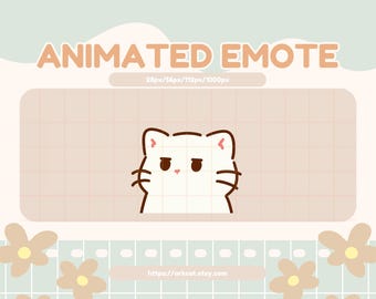 Könnte beinhalten: Animiertes Emoji einer weißen Katze mit braunen Augen und einer rosa Nase. Die Katze hat einen mürrischen Ausdruck und schaut nach links. Das Emoji ist vor einem hellrosa Hintergrund mit einem Gittermuster platziert.