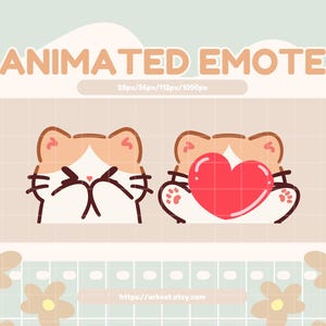 May include: Animated emote featuring a cartoon cat with orange fur and white markings. The cat is shown in two poses: one with its paws covering its face and the other holding a red heart.
